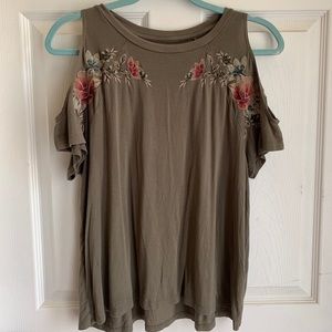 American Eagle, olive green top with embroidered flowers and cut out shoulders